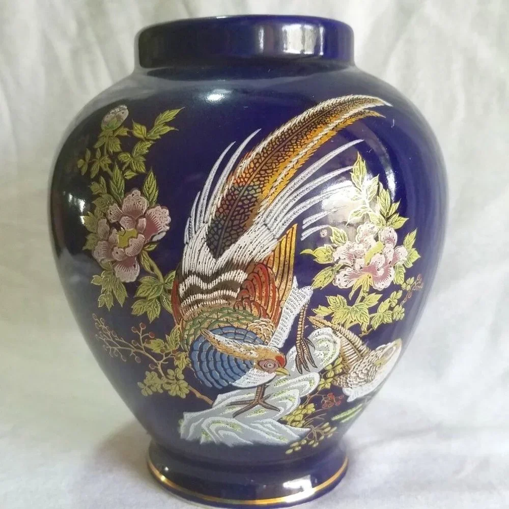 VTG JAPAN Cobalt Blue & Gold Pheasant Porcelain Ginger Jar Vase 6